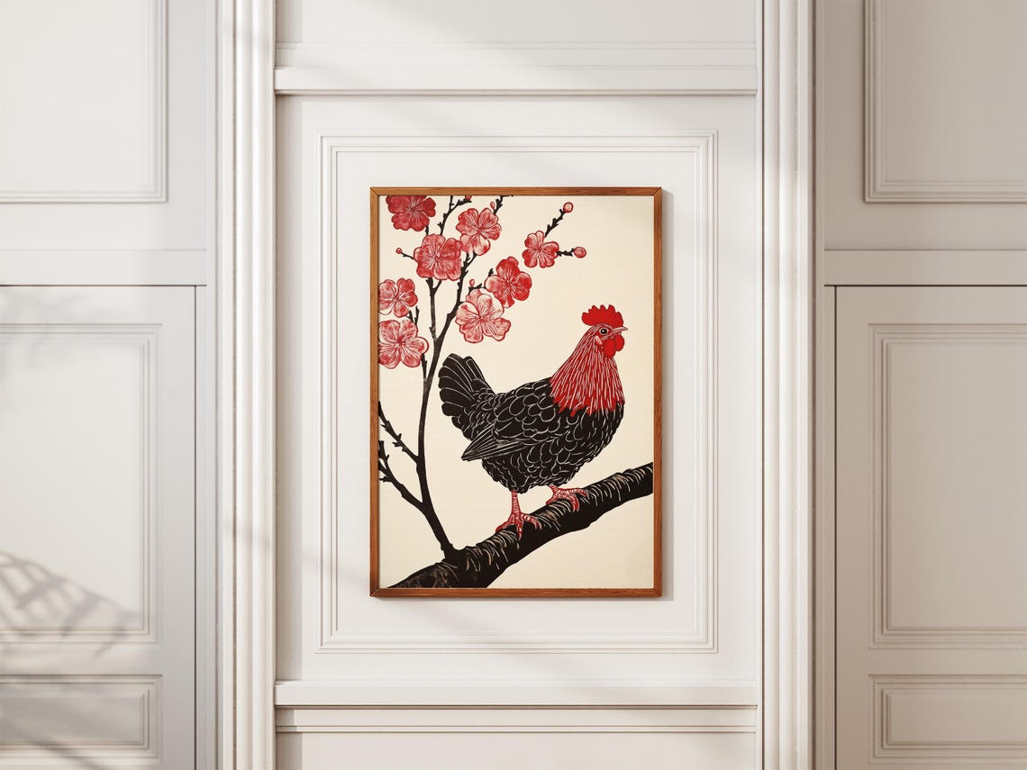 Red and Black Rooster Perched Under Plum Blossom Branch Art Poster - Image 2