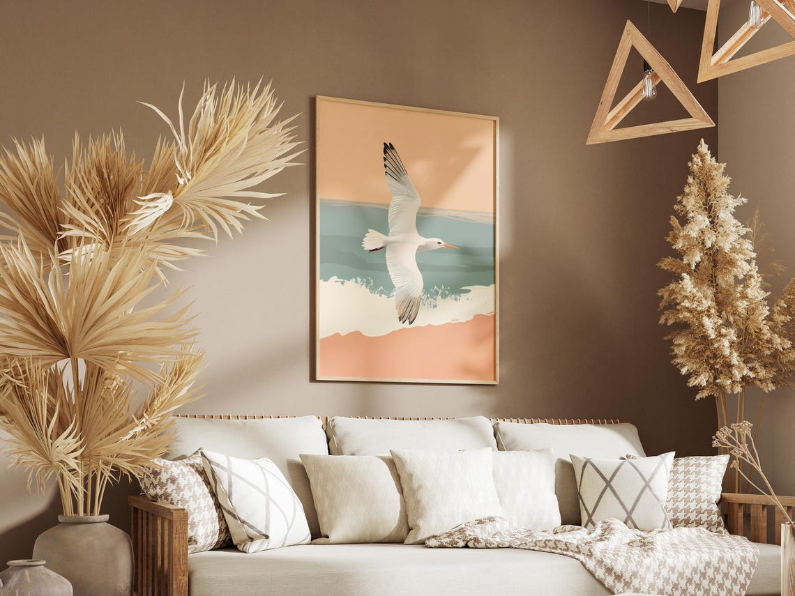 Seagull Gliding Over Calm Ocean Waves Minimalist Beach Art Poster - Image 3