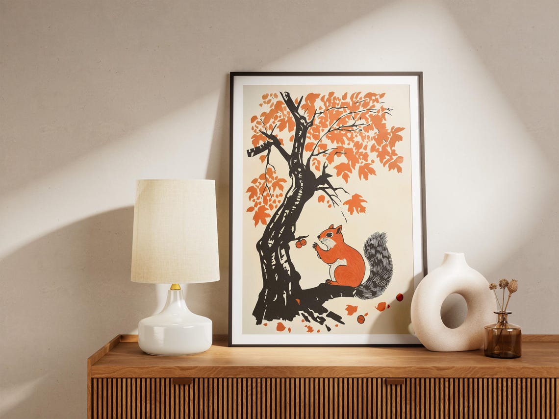 Red Squirrel With Acorns Under Orange Maple Tree Nature Poster - Image 5