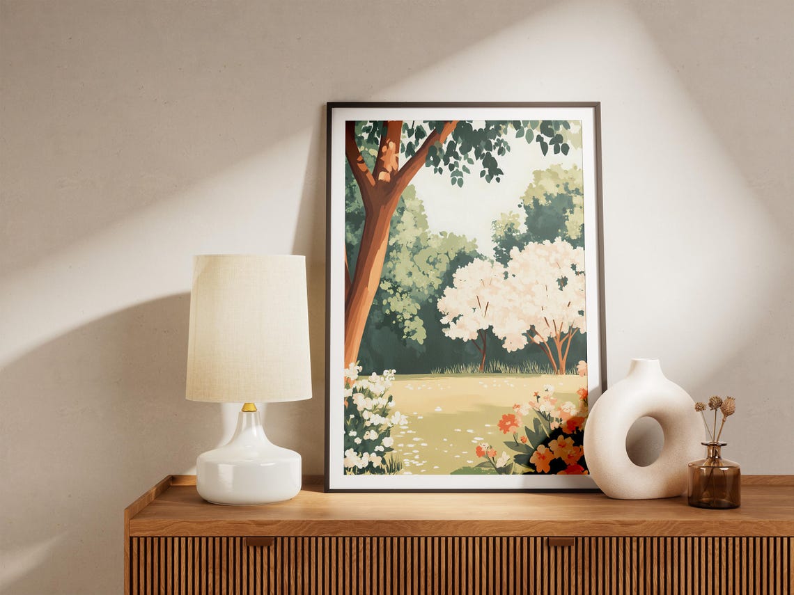 Sunlit Garden Path With White Blossoming Trees Nature Poster - Image 5