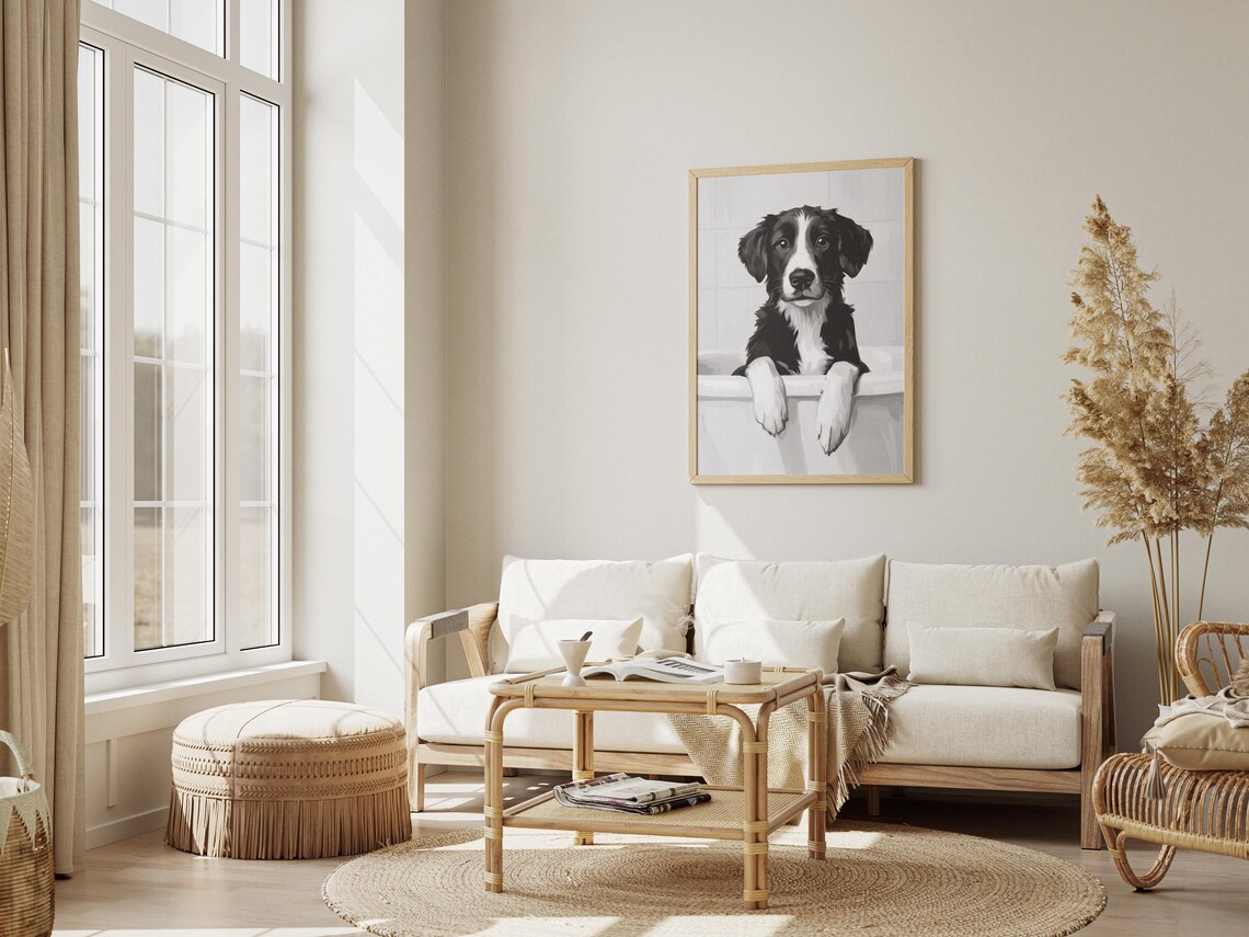 Border Collie Puppy In A Bathtub Black And White Puppy Art Poster - Image 3