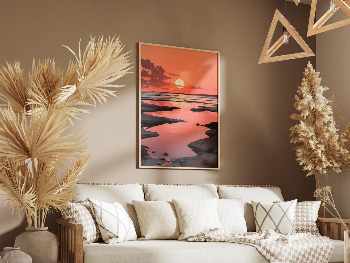 Coral Sunset Sun Sinking Low Over Rocky Ocean Tide Pools Poster - Image 3