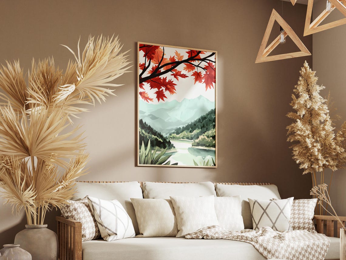 Fiery Red Maple Leaves Over a Misty Mountain Lake Autumn Poster - Image 3
