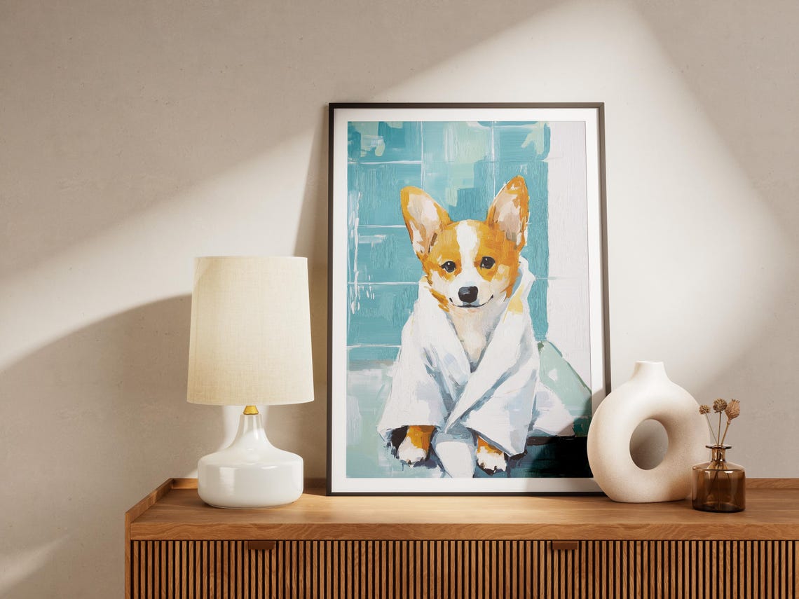 Corgi Puppy Wrapped In White Towel Poster Cute Dog Bathroom Home Decor - Image 4