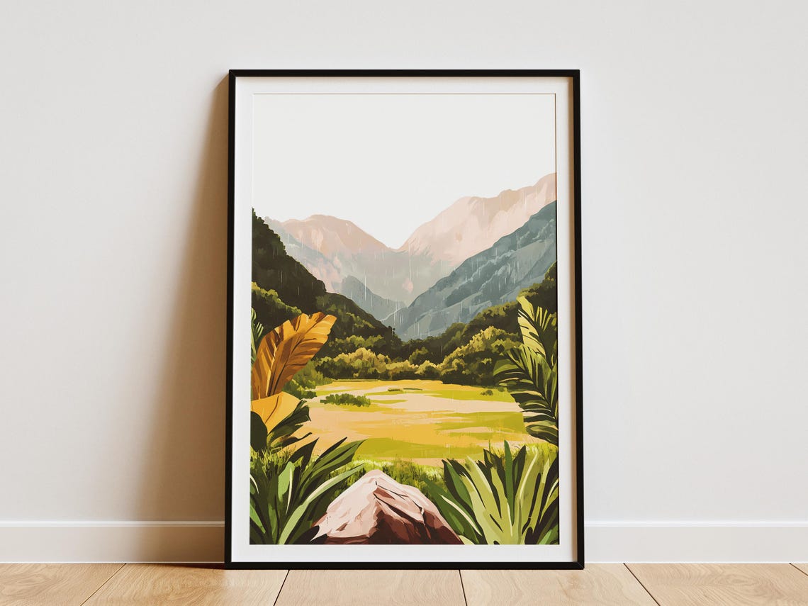 Golden Spring Valley With Tropical Plants And Rocky Peak Poster