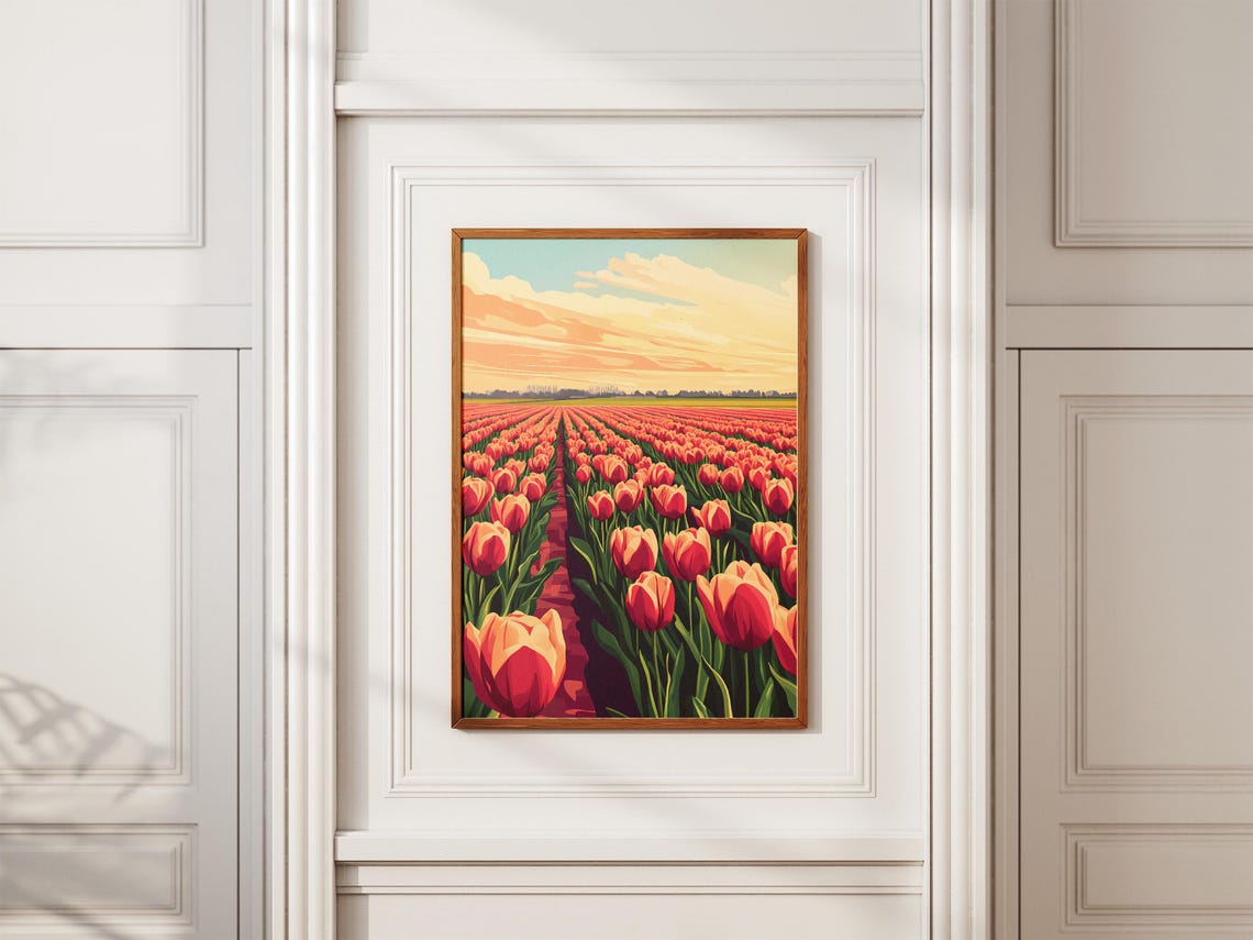 Sunset Tulip Field Orange Tulips Flower Farm Landscape Poster - Image 2