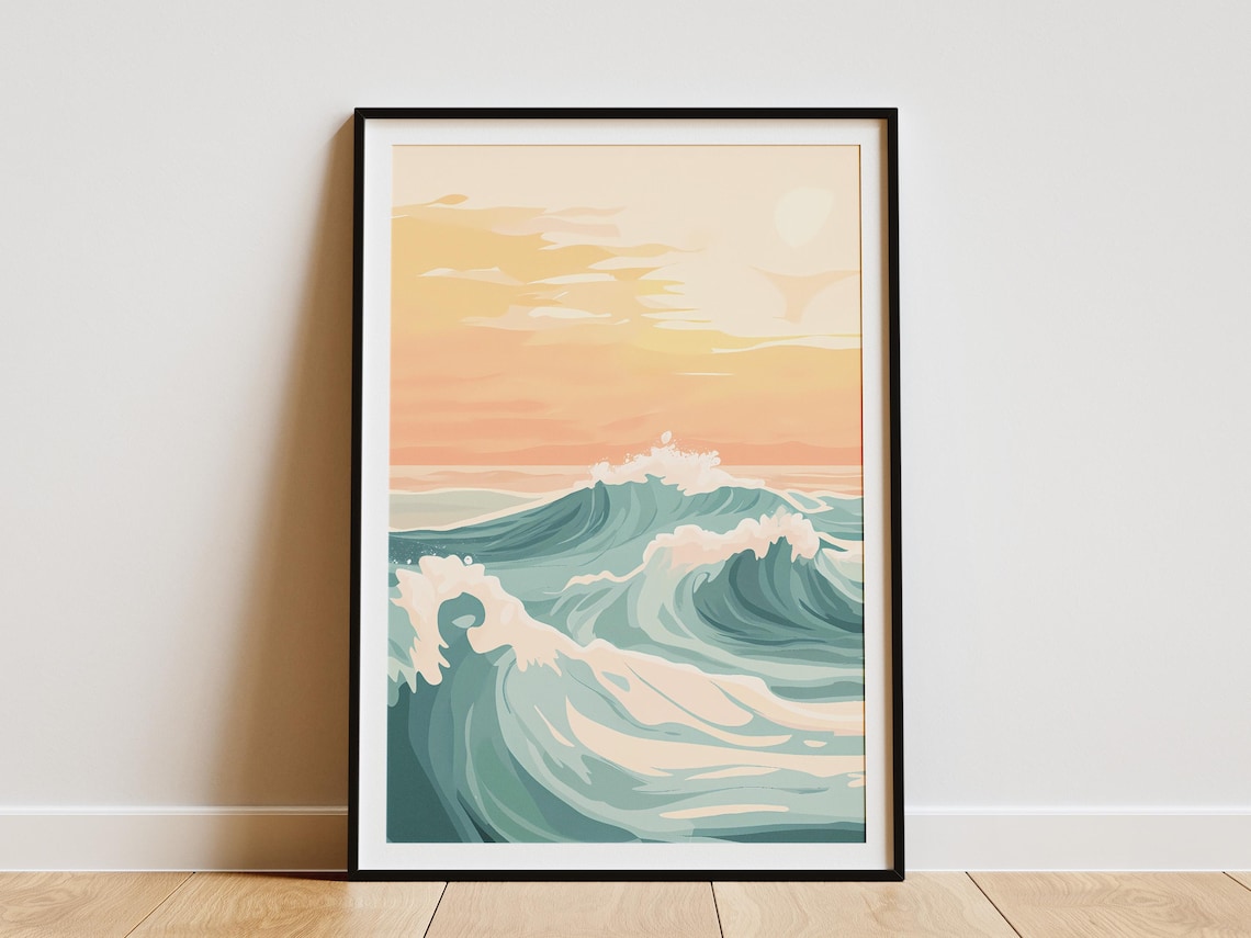 Teal Ocean Waves Under a Peach Sunset Sky Coastal Art Poster
