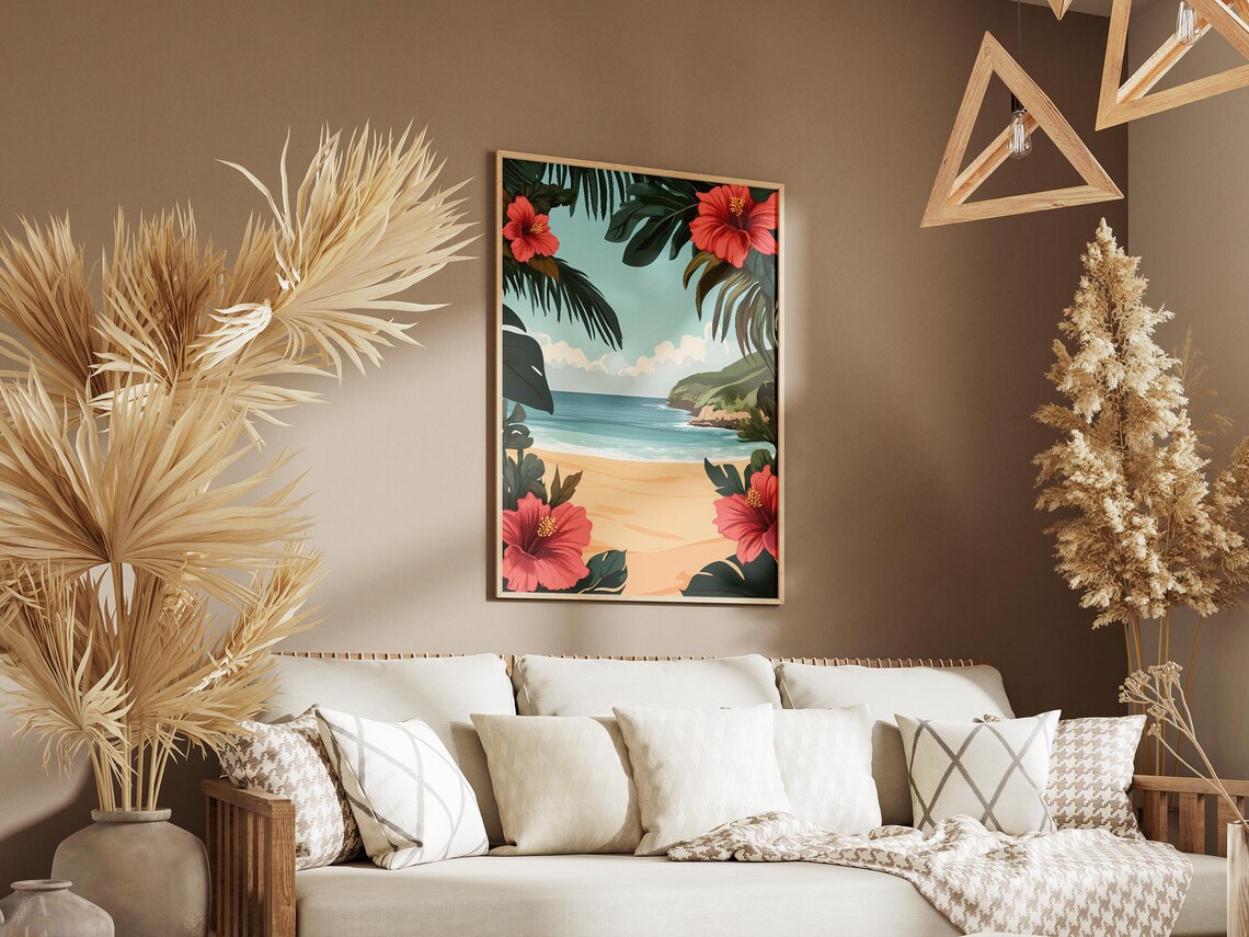 Tropical Beach Hibiscus Flowers Ocean Cove Summer Vacation Poster - Image 3