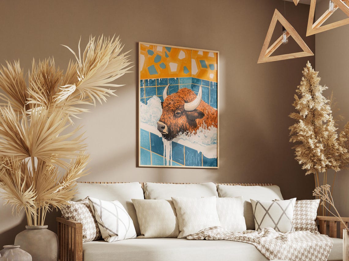 Shaggy Long-Horned Bison Soaking in a Retro Bubble Bath Poster - Image 4