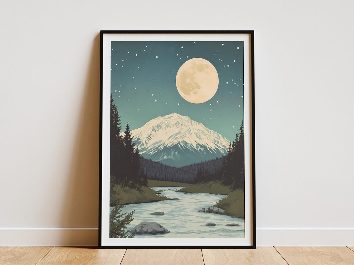 Katmai National Park Snowy Peak Under Full Moon Over River Poster