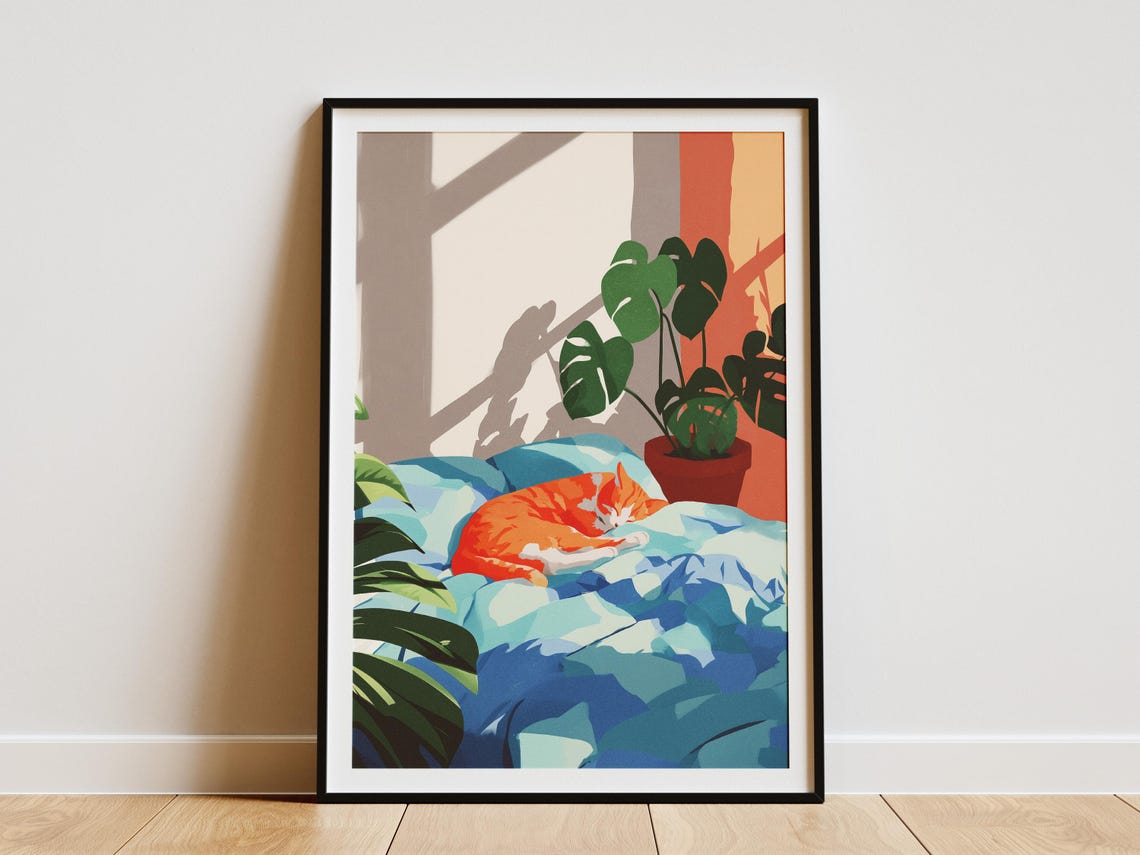 Sleeping Orange Cat Sunlit Bedroom Matisse Style Gouache Art Poster