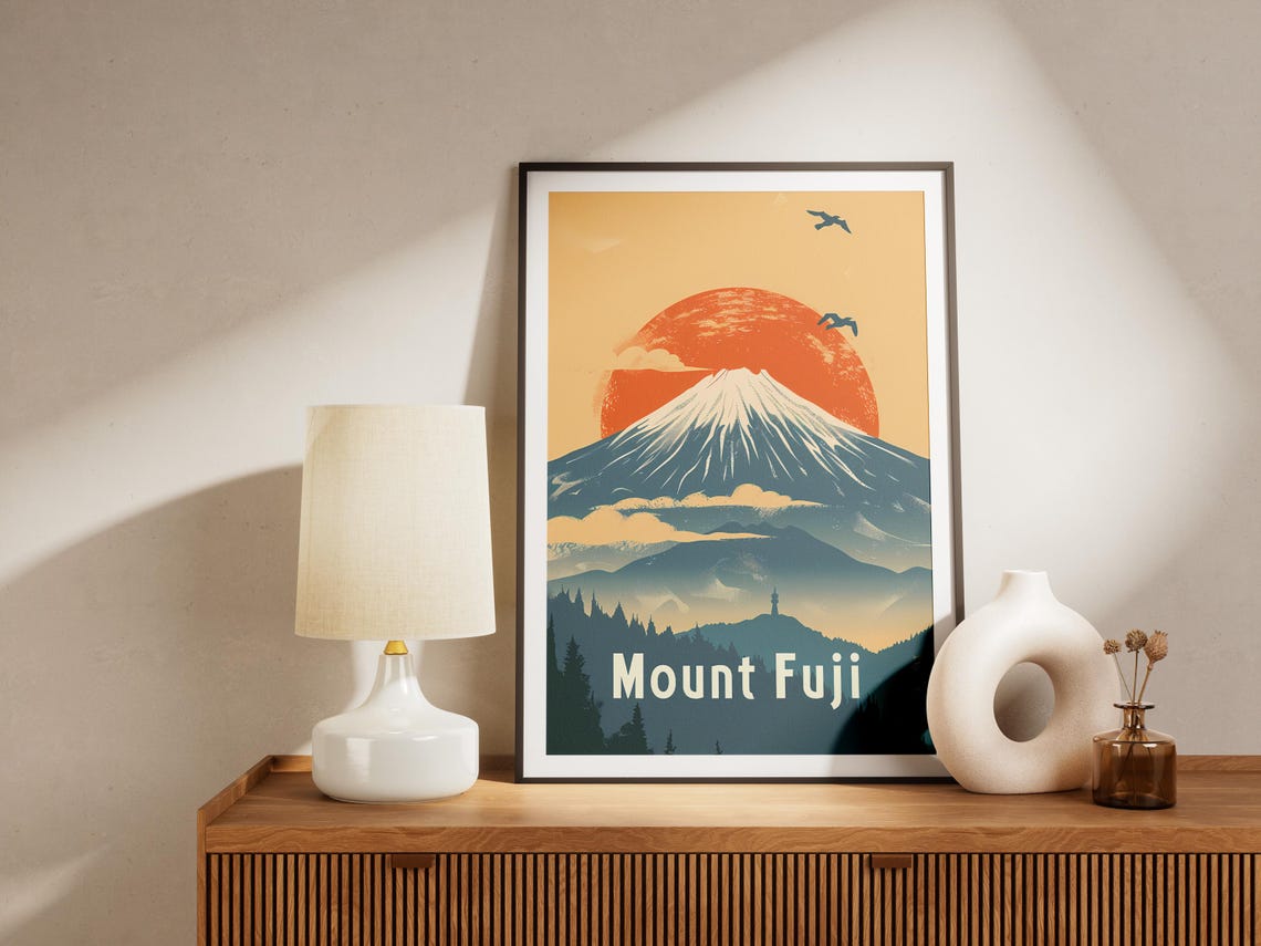 Mount Fuji Red Sun Vintage Japanese Scenic Snowy Peak Art Poster - Image 2