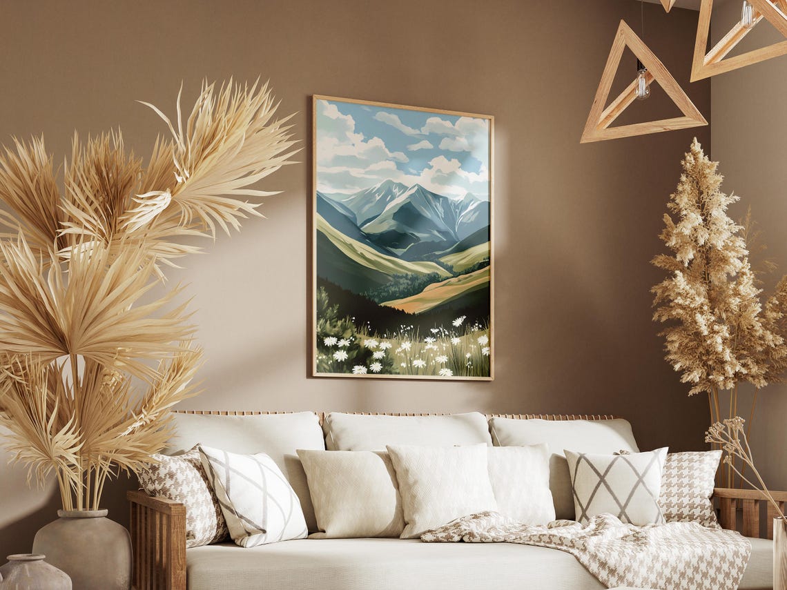 Snow Capped Mountain Valley With White Daisies Meadow Poster - Image 3