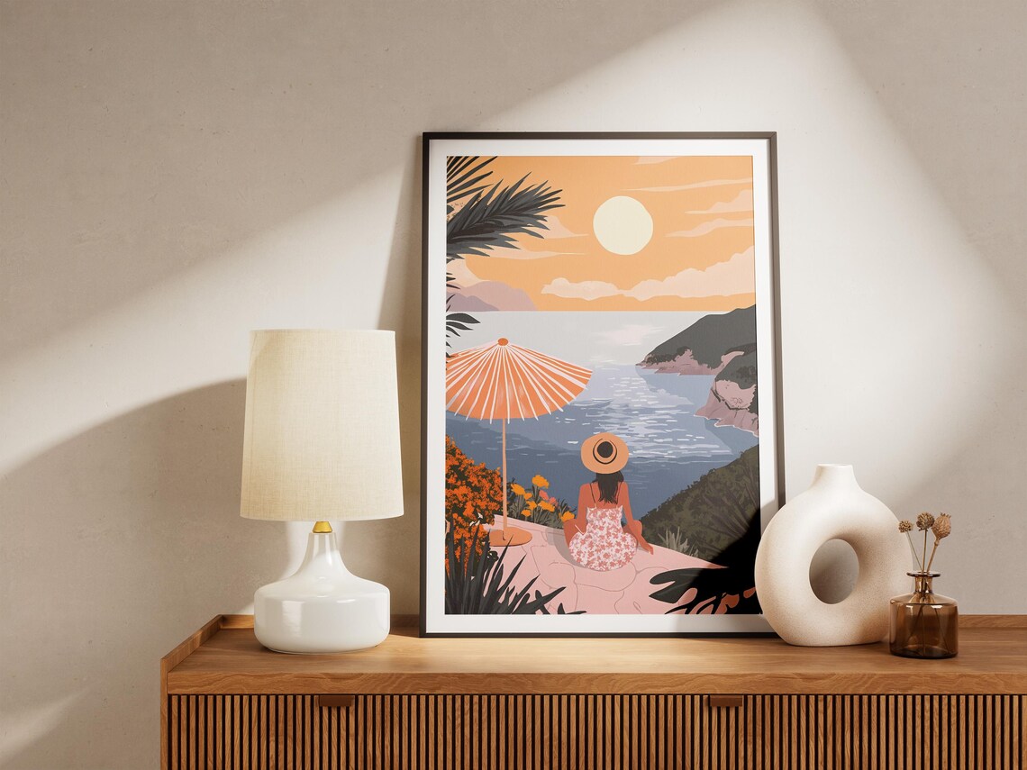 Woman Watching a Mediterranean Bay Sunset from a Cliff Poster - Image 5