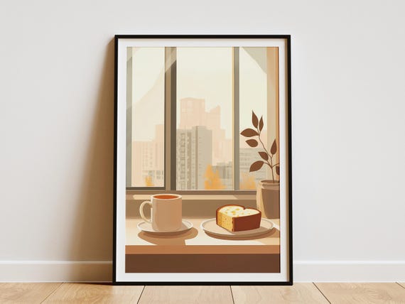 Cozy Kitchen Window View Print Wall Art Coffee And Cake Breakfast Poster Modern Cityscape Home Decor Minimalist Beige