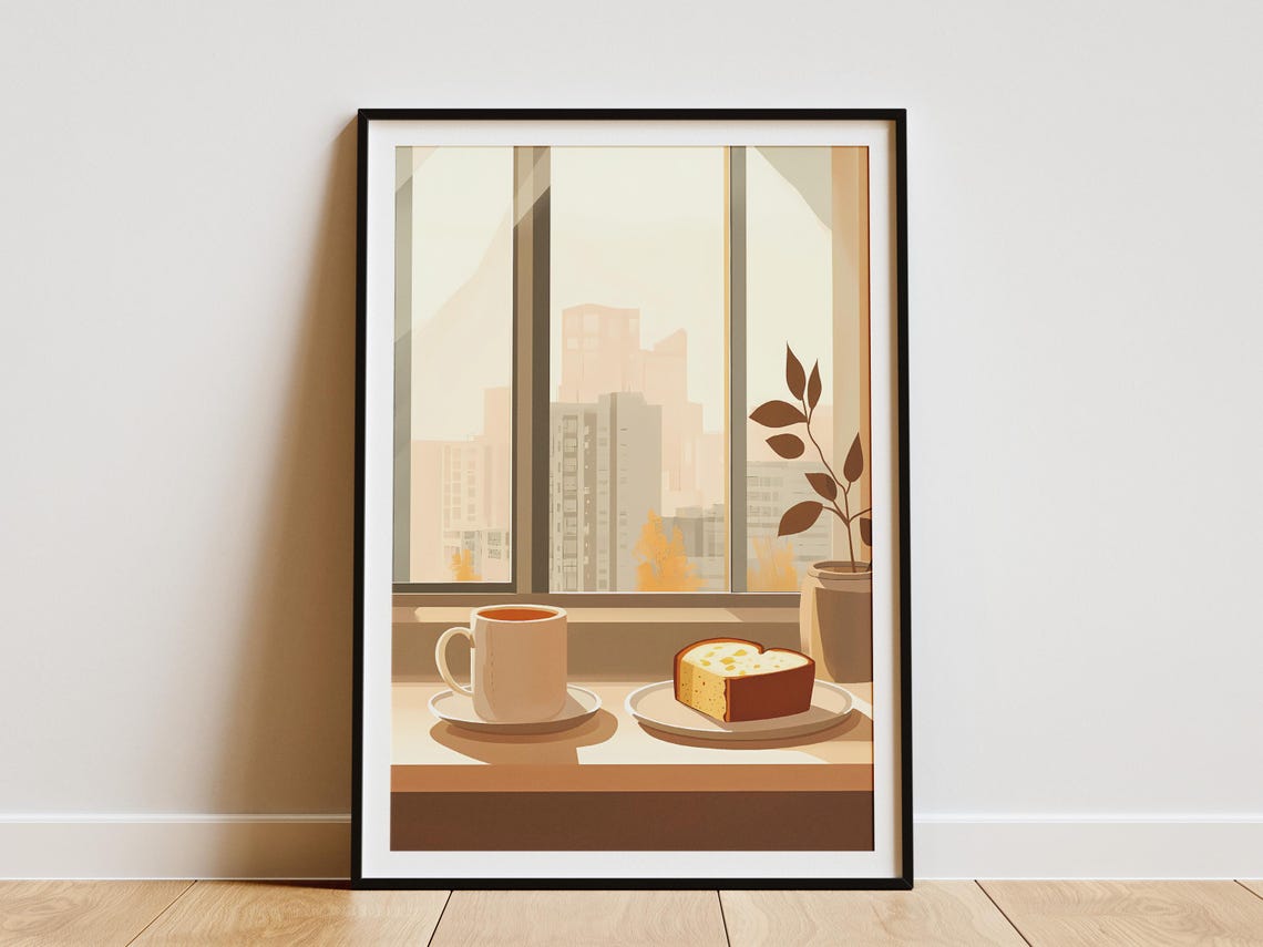 Coffee and Cake on a Windowsill Overlooking the City Skyline Poster