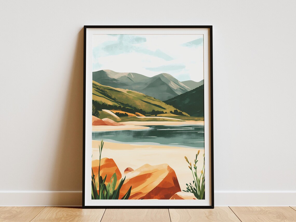 Mountain Lake Shore With Orange Rocks Summer Scenery View Poster