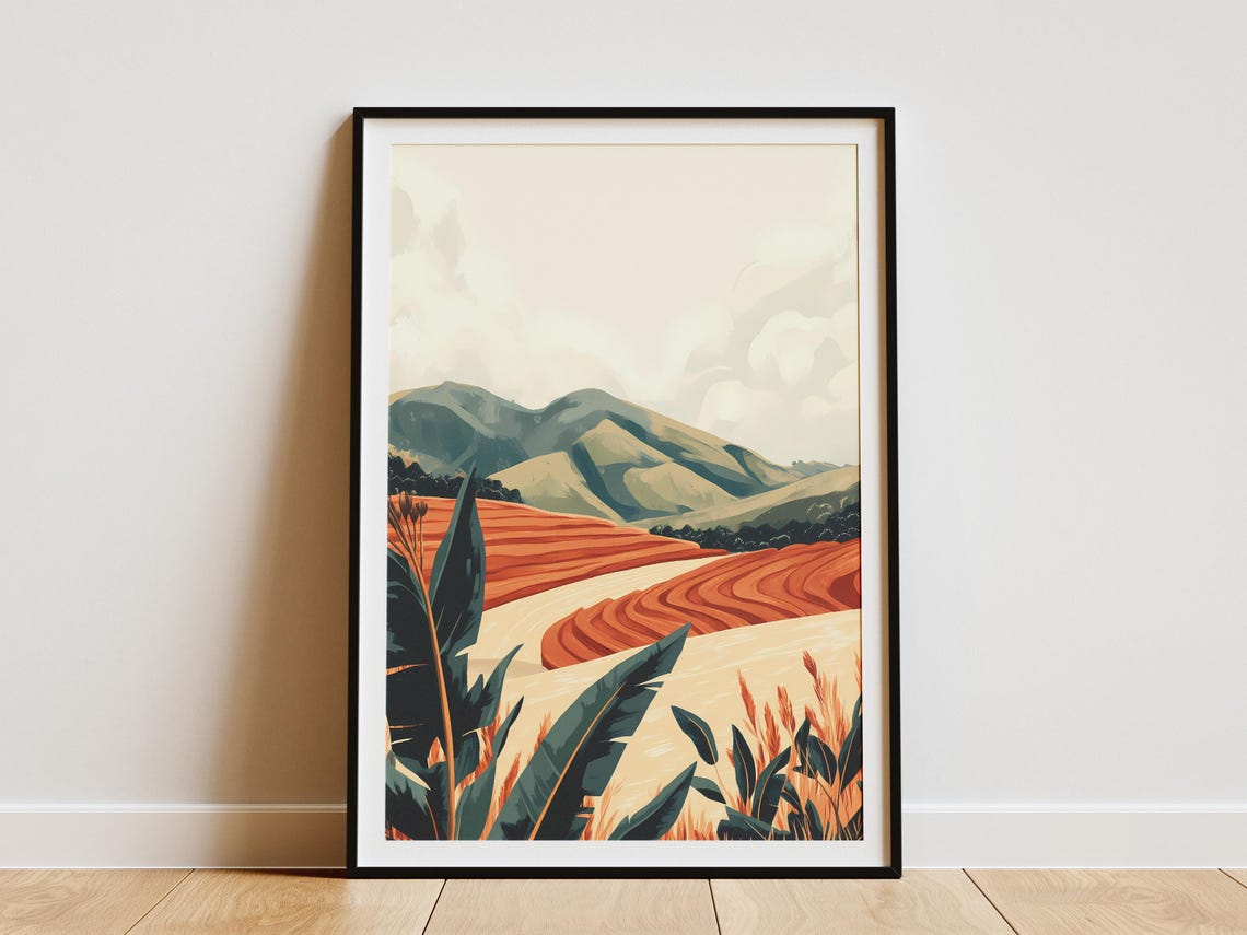Terraced Orange Fields With Green Mountains Modern Farm Poster