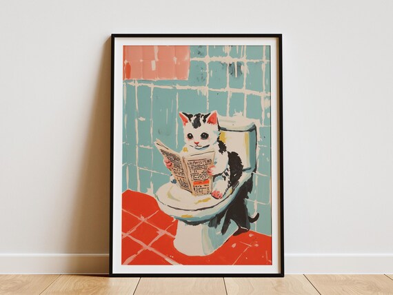Kitten Reading Newspaper on Toilet Funny Bathroom Art Poster