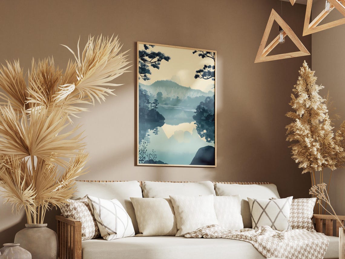 Teal Misty Lake Mirror Reflection Pine Forest Calm Scene Poster - Image 3