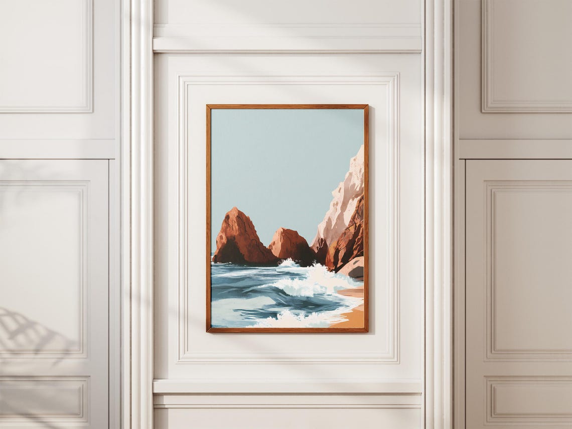 Crashing Ocean Waves Against Rust-Red Sea Stacks at Sunset Poster - Image 2