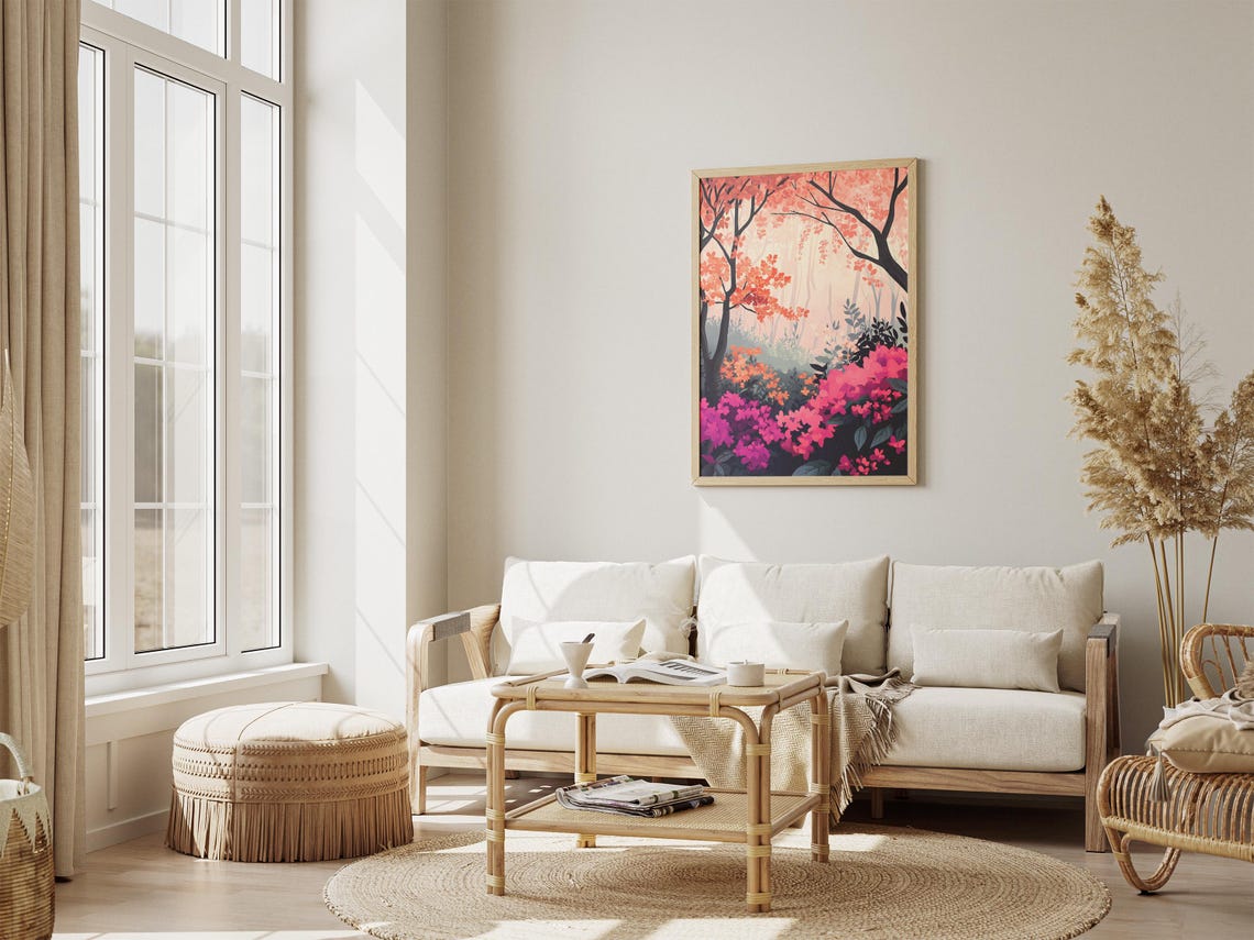 Coral Tree Canopy With Magenta Azaleas Poster in a Misty Garden - Image 4