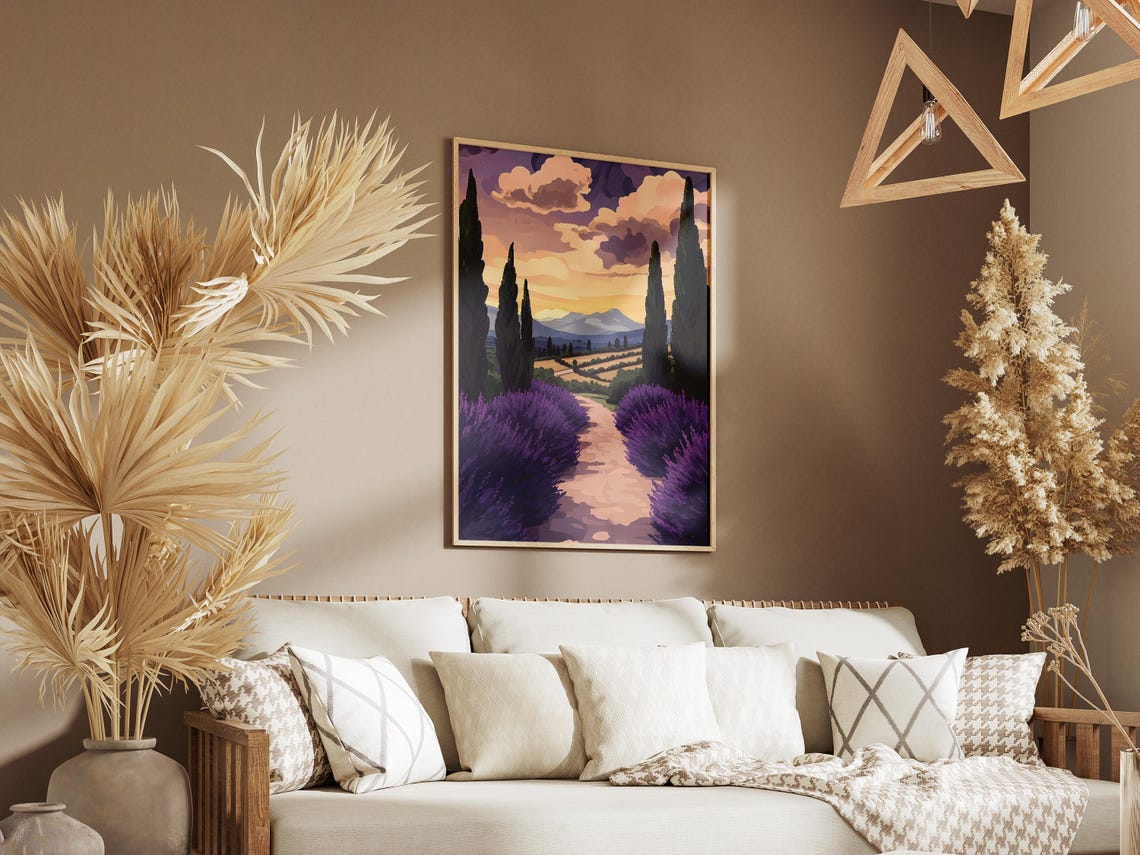 Lavender Field Path Sunset Cypress Trees Romantic Landscape Poster - Image 3