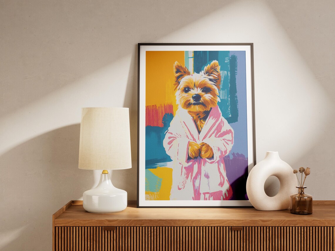 Cute Yorkie in Pink Robe Colorful Pop Art Dog Portrait Poster - Image 4