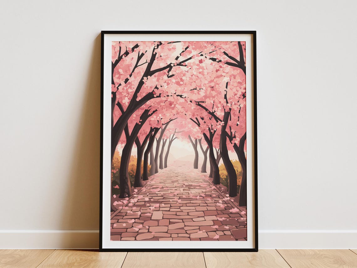 Cherry Blossom Tunnel Over a Cobblestone Path Poster in Spring