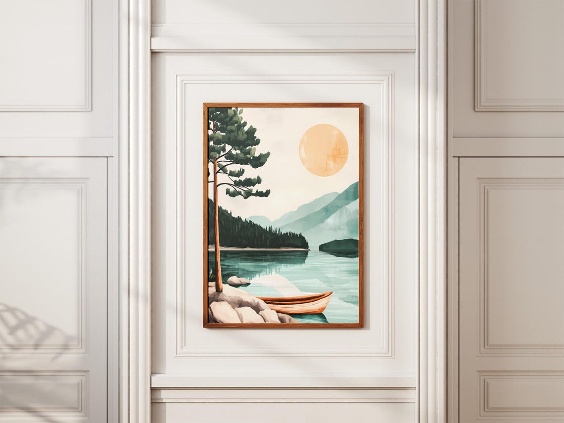 Calm Mountain Lake With Canoe Pine Tree Minimalist Art Poster - Image 2