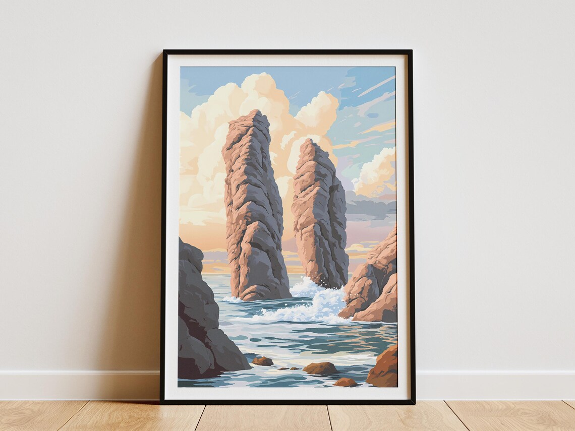 Twin Ocean Rock Pillars Rising from the Surf at Golden Hour Poster