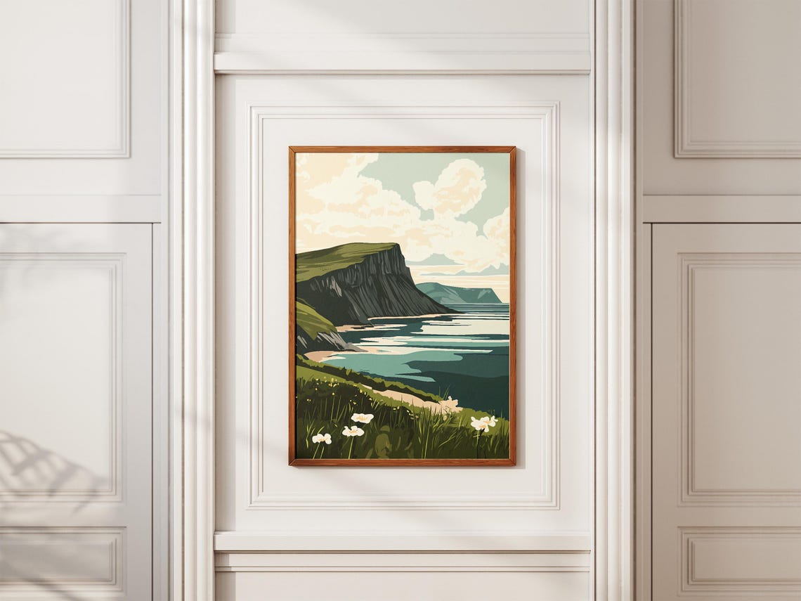 Dramatic Coastal Cliffs Over Turquoise Sea Vintage Travel Poster - Image 2