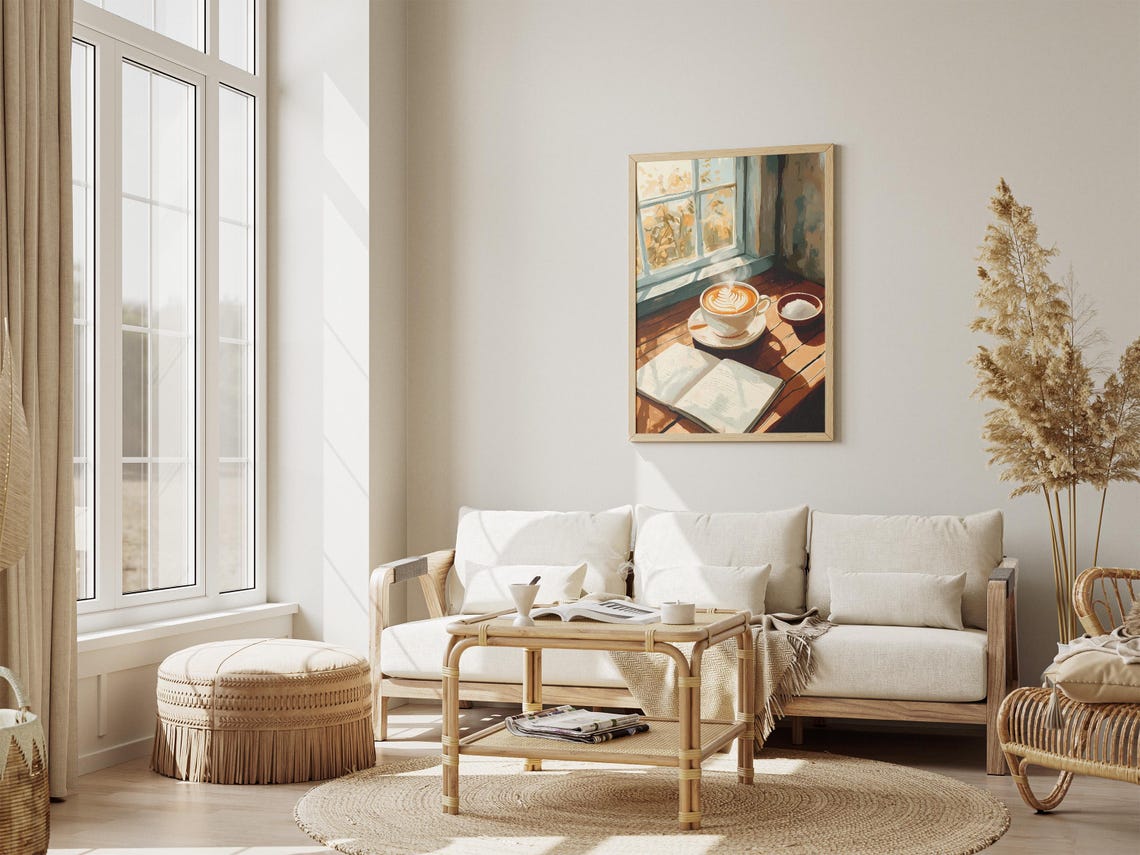 Window Seat Latte Art Leaf Cup Open Book Cozy Reading Poster - Image 4