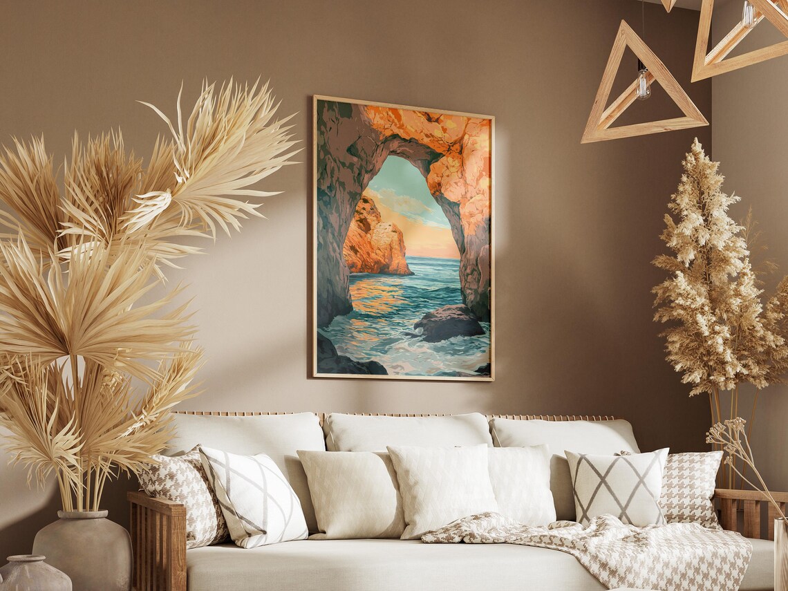 Sunset Sea View Through a Golden Rocky Coastal Arch Window Poster - Image 3