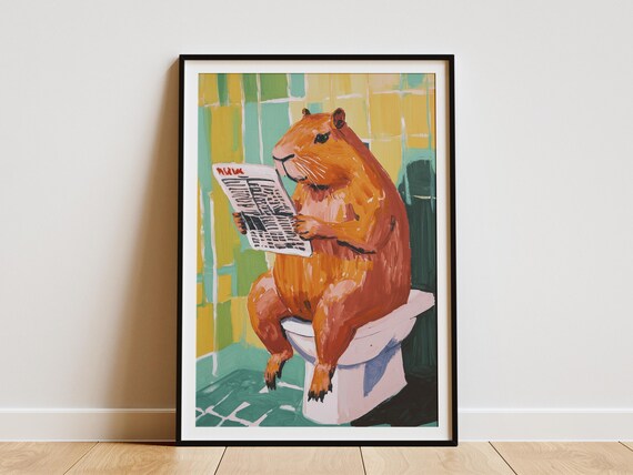 Funny Capybara Bathroom Poster Painting Animal Print Rodent Art Modern Wall Decor Cute Capybara Reading Newspaper Whimsical Animal
