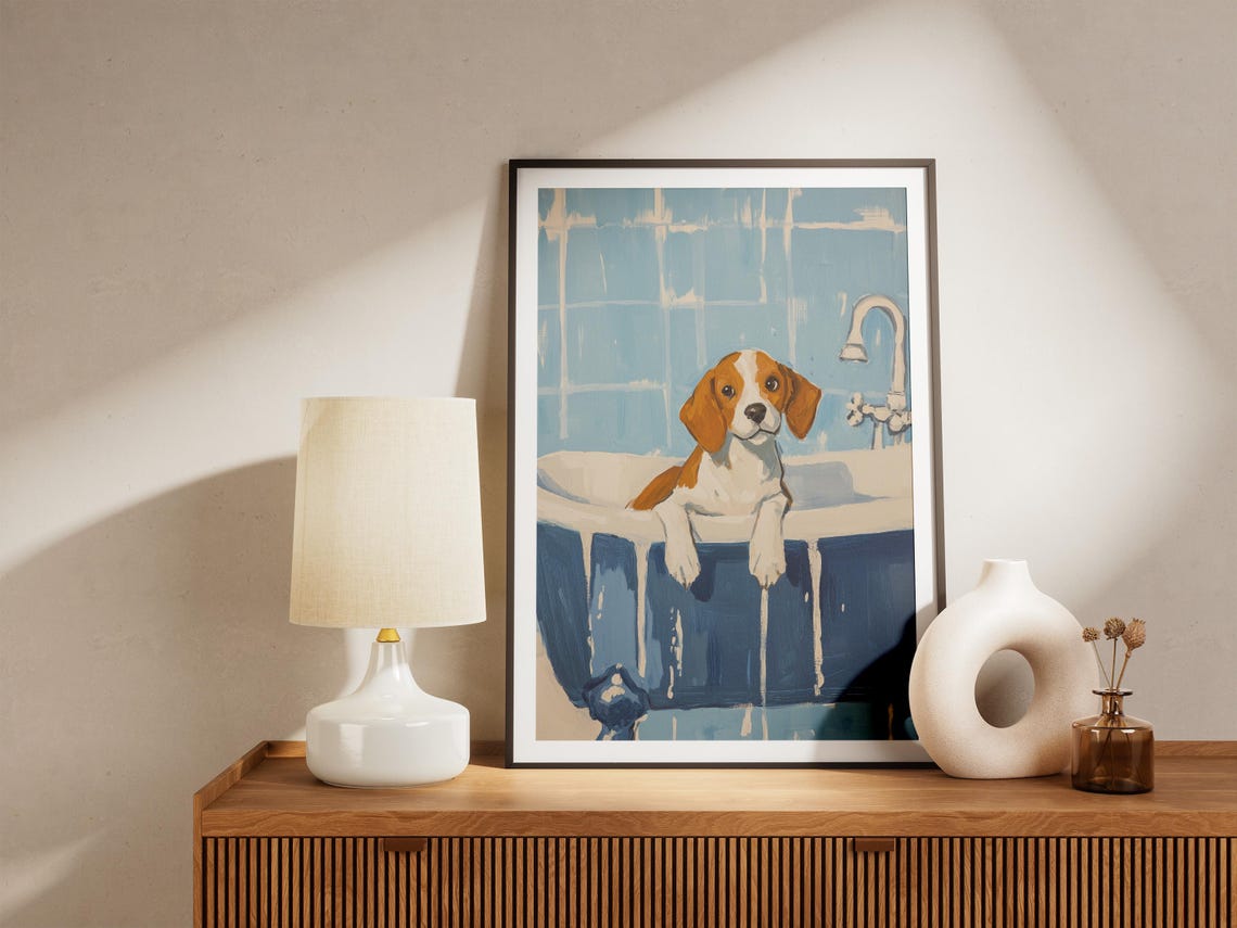 Tiny Beagle Puppy Peeking Over a Vintage Blue Clawfoot Tub Poster - Image 5