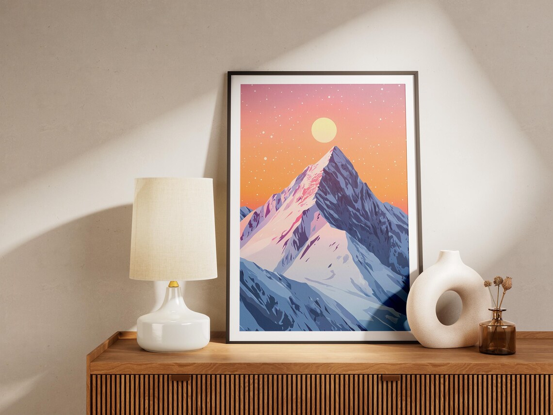 Pink Sunset Snowy Mountain Peak Colorful Landscape Art Poster - Image 5