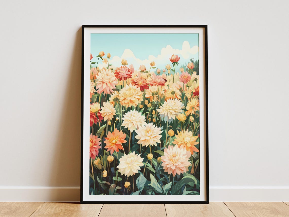Peach Cream Dahlia Flower Field Under Soft Blue Summer Sky Poster