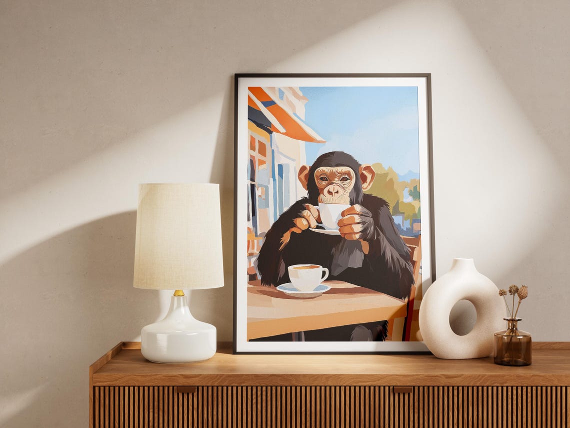 Chimpanzee Sipping Espresso at a Sunny Street Cafe Table Poster - Image 4