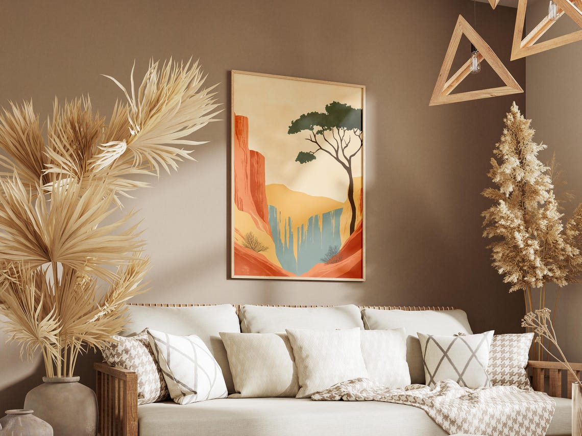 Desert Canyon Waterfall With A Lone Tree Minimalist Art Poster - Image 3