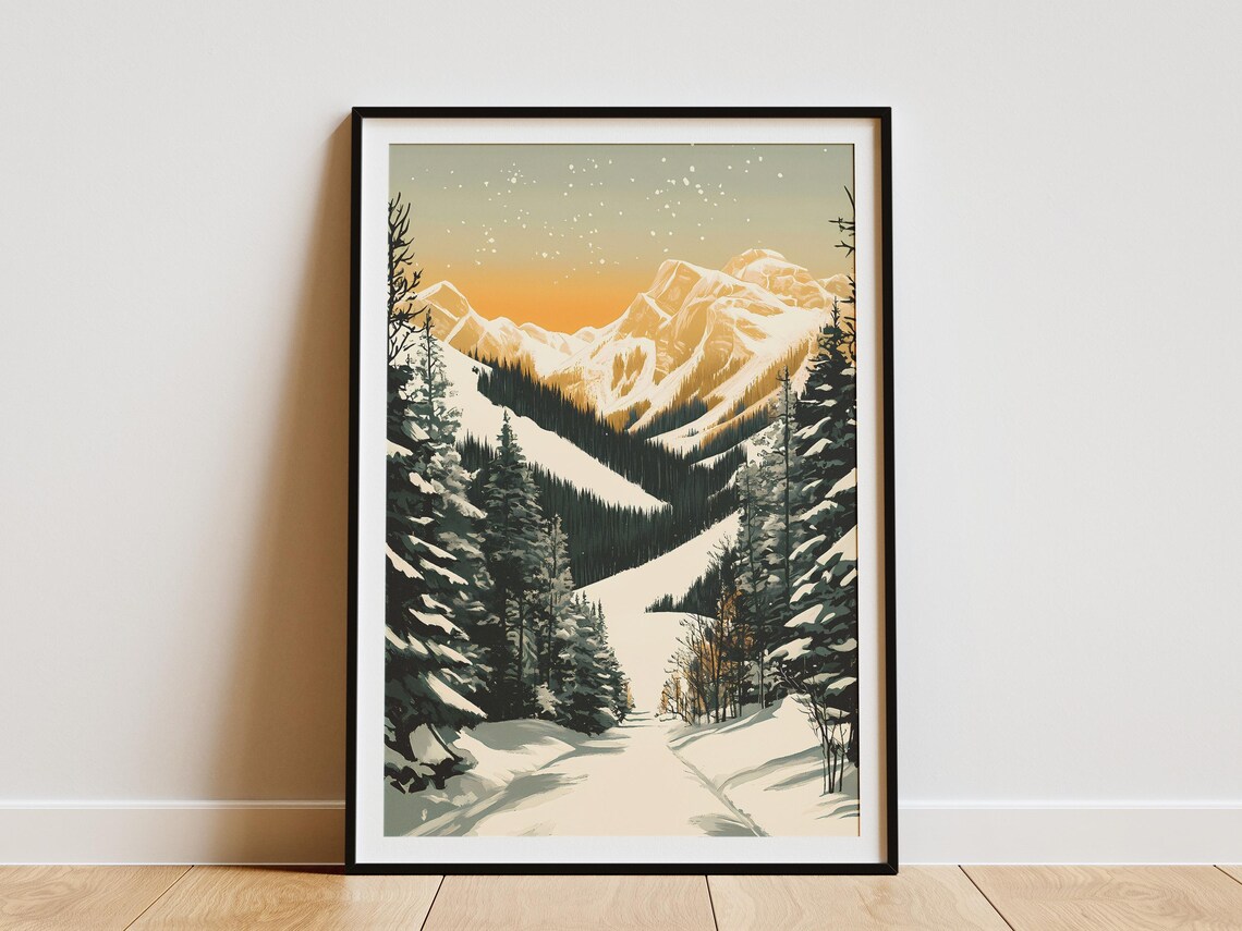 Snowy Golden Mountain Valley Vintage Winter Travel Art Poster
