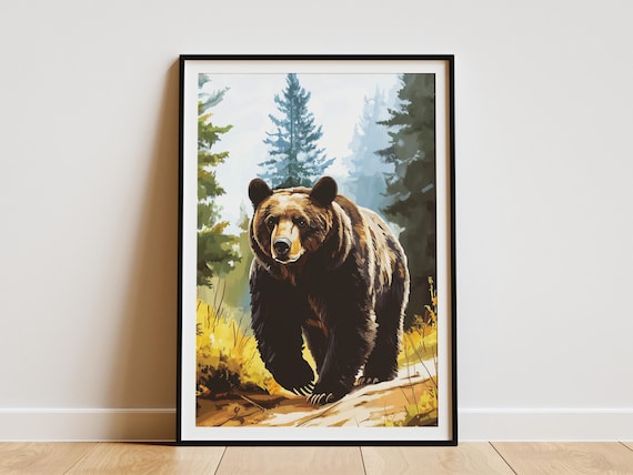Brown Bear Walking in a Misty Pine Forest Wildlife Art Poster