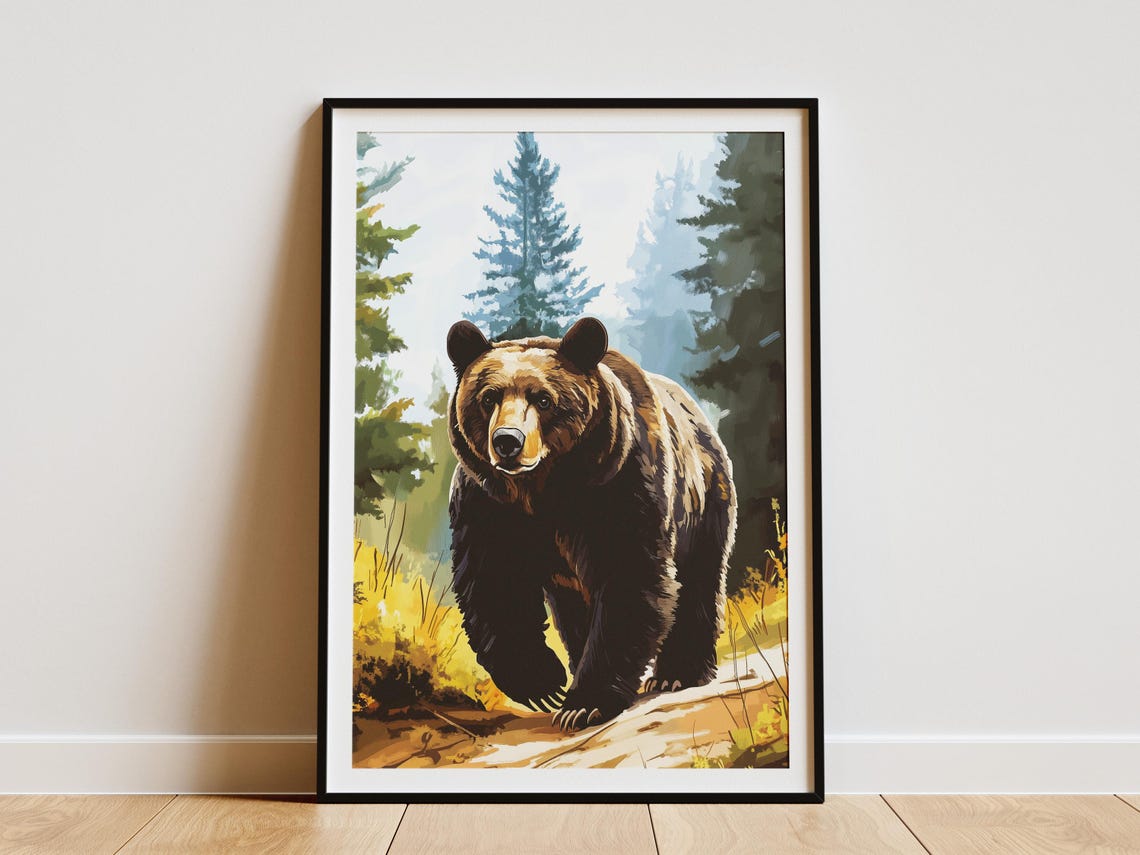 Brown Bear Walking in a Misty Pine Forest Wildlife Art Poster