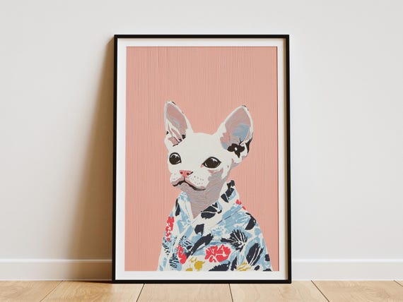 Sphynx Kitten In Bathrobe Poster Print Cute Cat Art Bathroom Decor Funny Pet Portrait Playful Animal Illustration Unique Wall