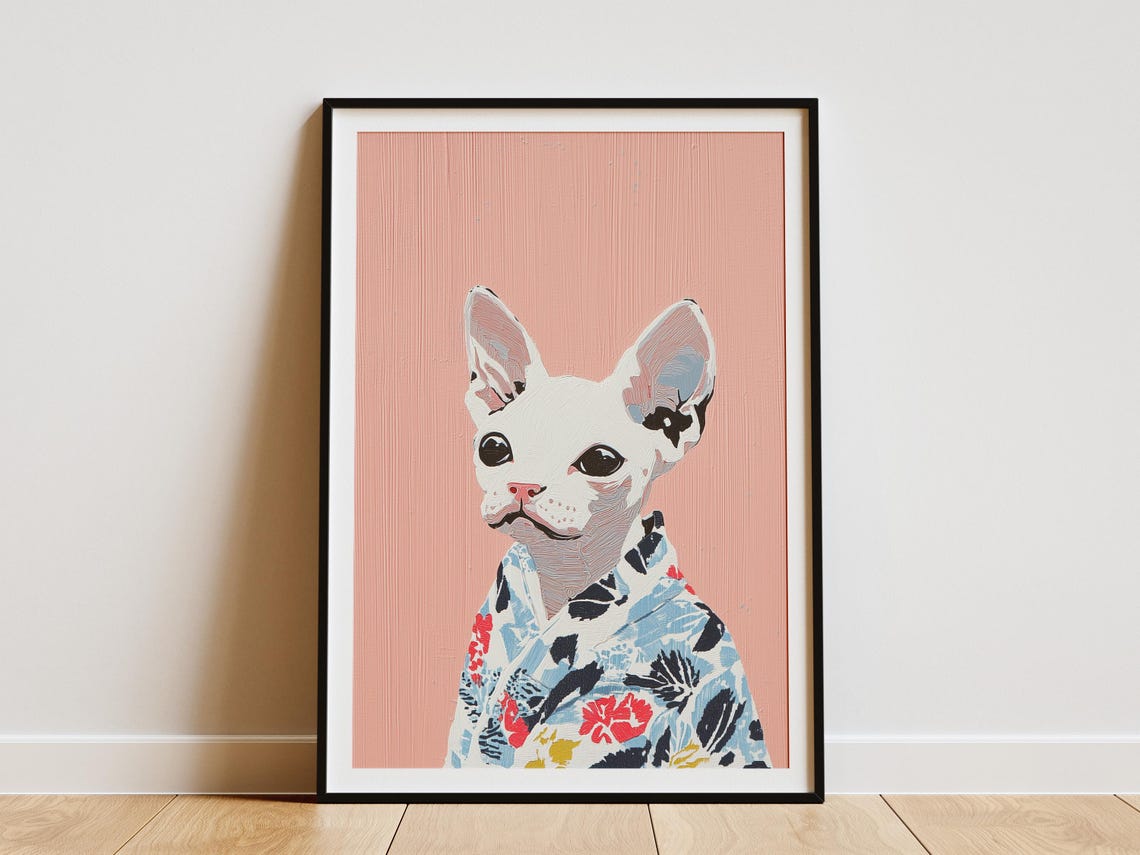 Hairless Sphynx Cat Floral Kimono Minimal Portrait Art Poster