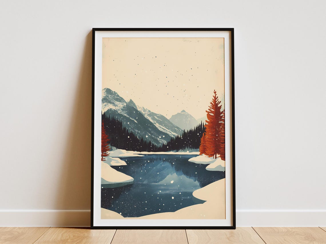 Frozen Mountain Lake Vintage Winter Poster Red Pines Mountains