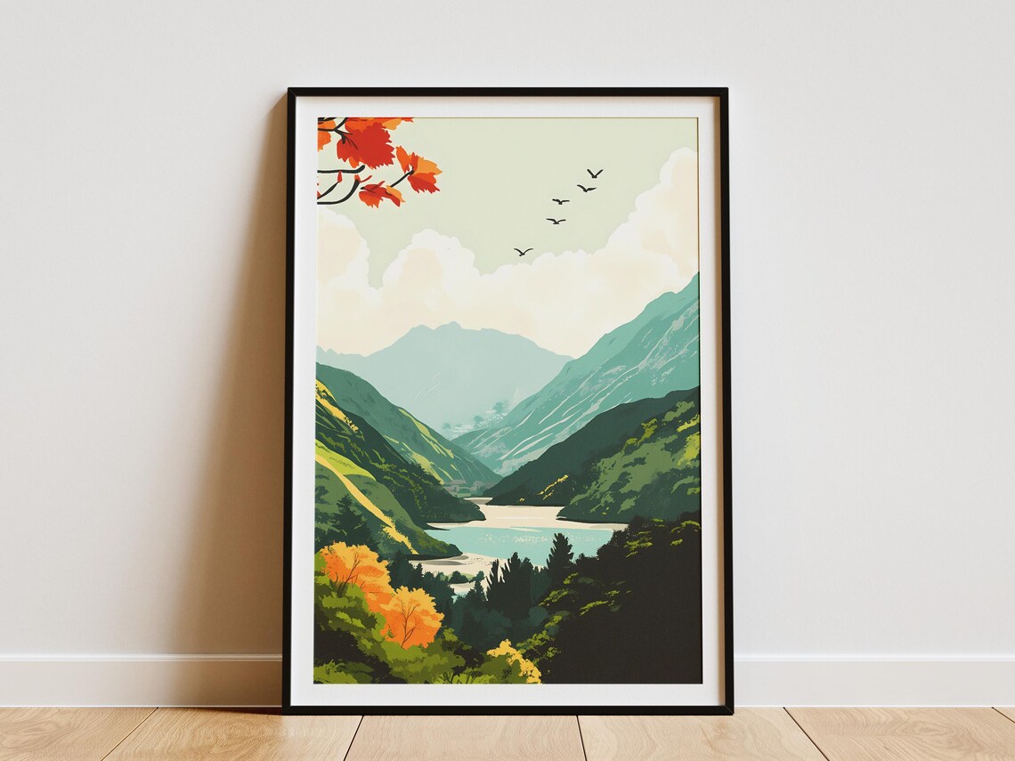 Sikkim India Autumn Mountain Lake Maple Leaves Landscape Poster