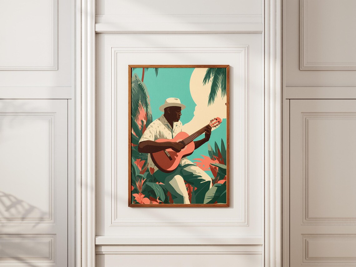 Island Guitar Player Among Palm Leaves Retro Tropical Music Art Poster - Image 2
