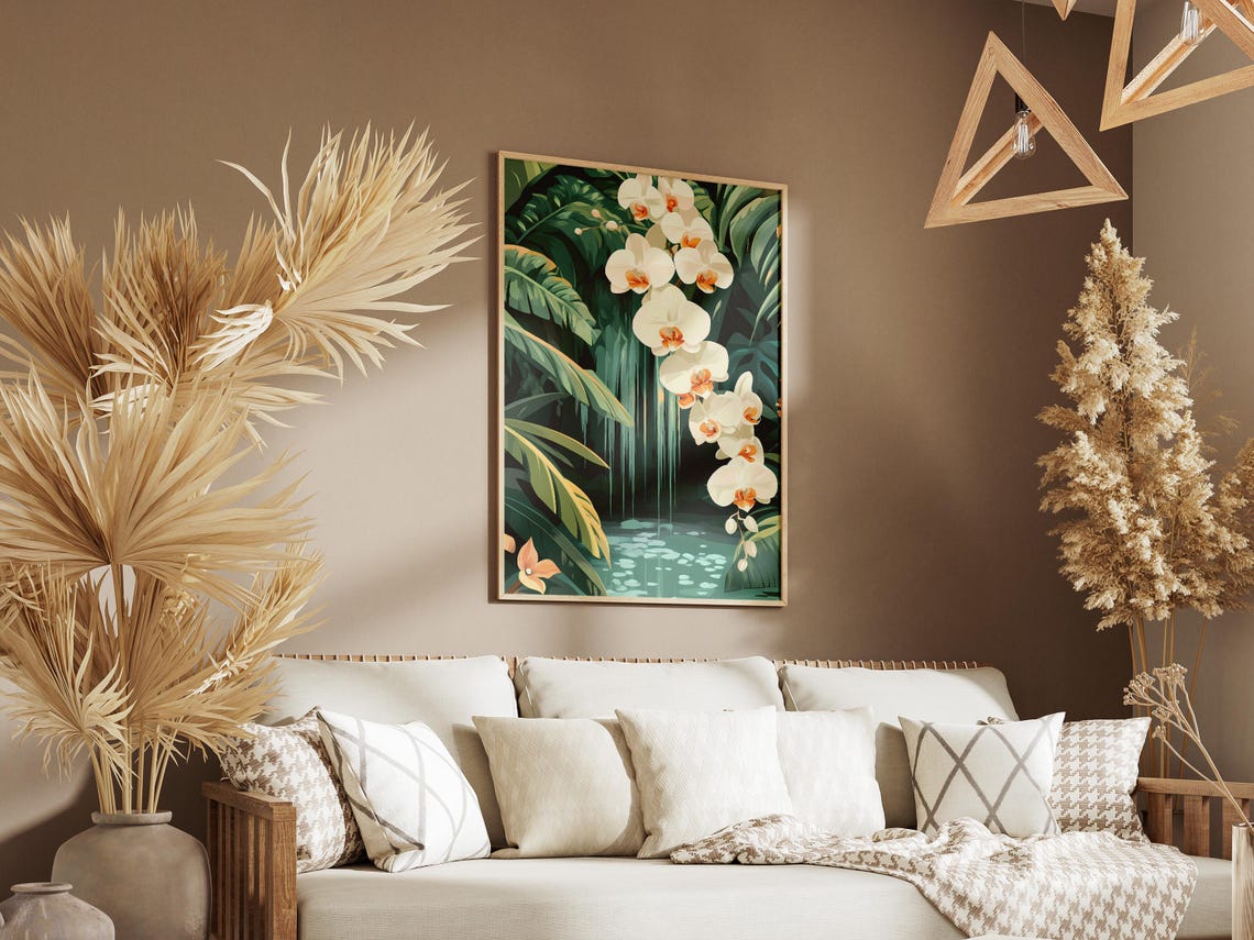 White Orchid Spray in a Tropical Rainforest Waterfall Poster - Image 3