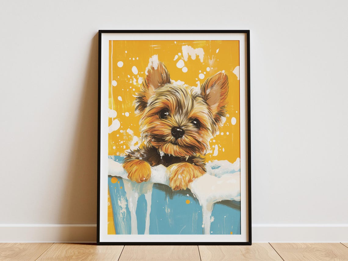 Scruffy Yorkie Puppy Peeking Over Blue Tub Yellow Splash Art Poster